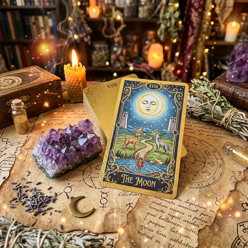 Tarot Card Reading - The Moon Card with Amethyst Crystals